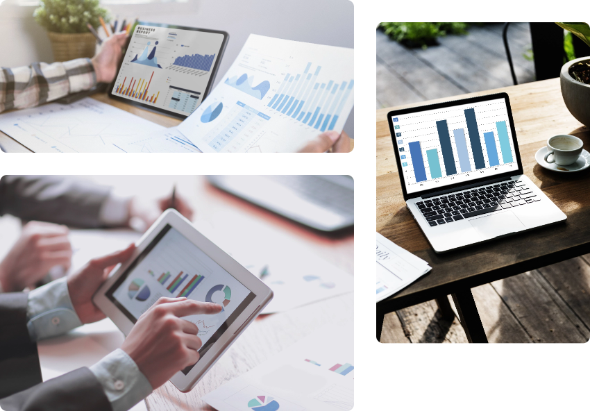Triple photo of desk views and laptops showing charts