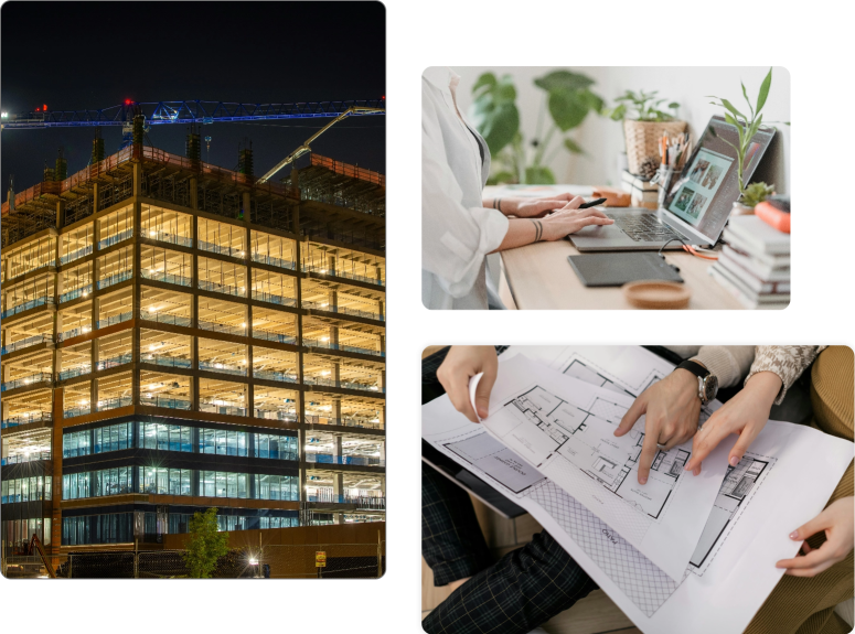 Τριπλή εικόνα με κτίριο γραφείων,  δουλεία σε υπολογιστή και ανάλυση αρχιτεκτονικής κάτοψης χώρουλυση 